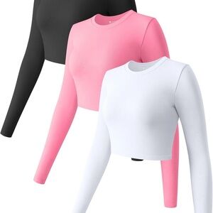 OQQ Women's Long Sleeve Crop Tops - Black, Pink, White
